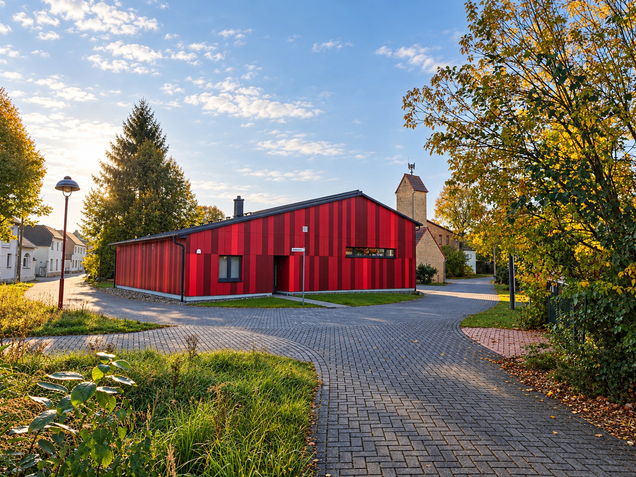 Feuerwehr Klettwitz / neues Gerätehaus mit roter HPL-Fassade
