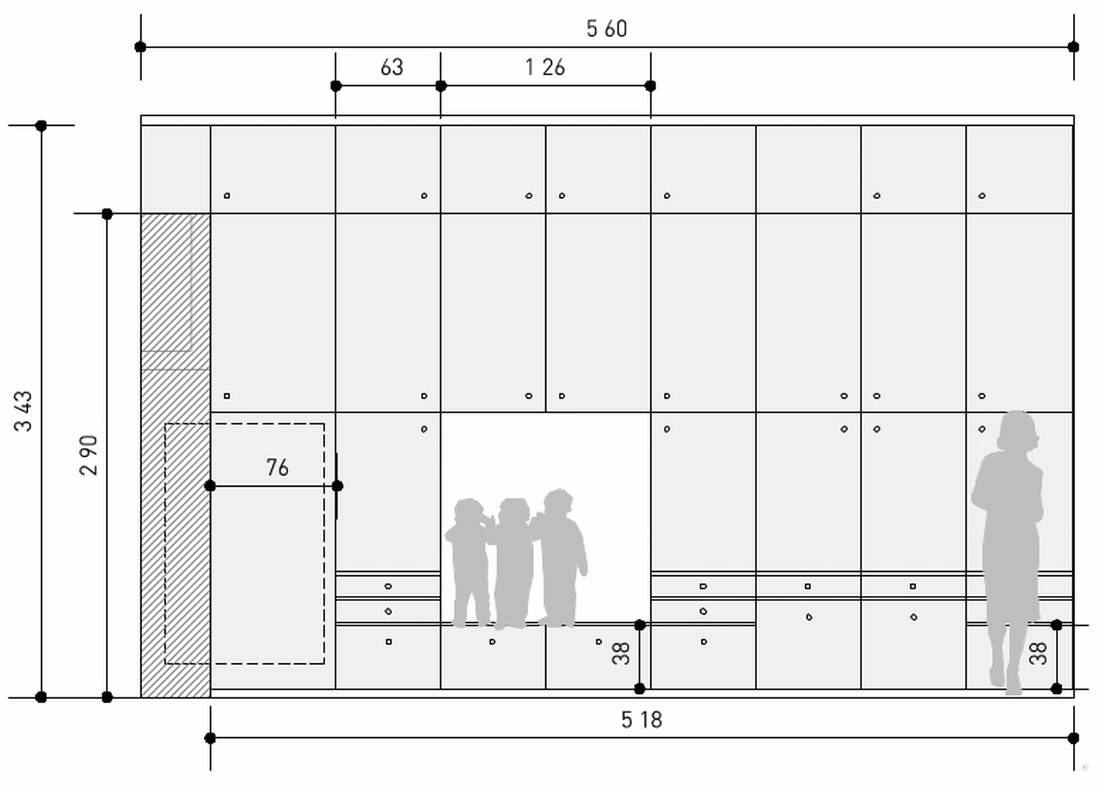 Bemaßte Ansicht des Einbaumöbels mit integrierter Sitznische