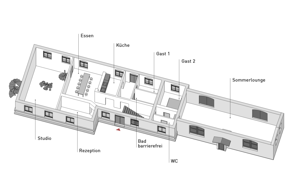 Musikbahnhof Annahütte / Axonometrie / Erdgeschoss und Gemeinschaftsräume