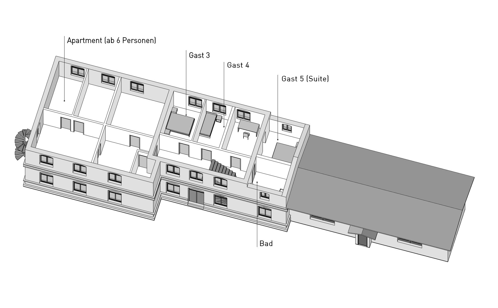 Musikbahnhof Annahütte / Axonometrie / Obergeschoss und Gästezimmer
